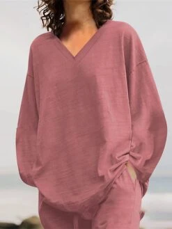 Women's Plus Size Loungewear Sets 2 Pieces Pure Color Fashion Casual Comfort Street Daily Date Cotton Breathable V Wire Long Sleeve Pant Summer Fall Yellow Pink -Ladies Pajamas Store mdgwjv1689326425746