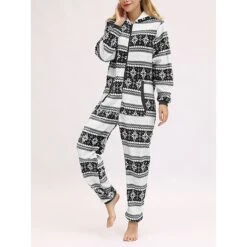 Women's Pajamas Jumpsuit Elk Snowflake Warm Fashion Casual Xmas Home Christmas Daily Polyester Breathable Hoodie Long Sleeve Pocket Fall Winter Black White -Ladies Pajamas Store mfrrfj1692348357053