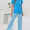 Women's Pajamas Pajama Top And Pant Sets Stripe Fashion Casual Soft Home Daily Bed Polyester Breathable V Wire Short Sleeve T Shirt Tee Pant Pocket Summer Spring Blue -Ladies Pajamas Store mghwmt1680075115250