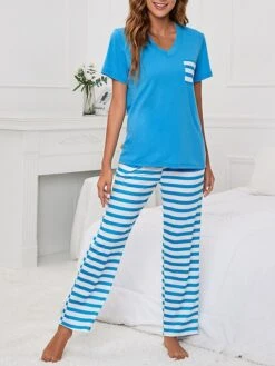 Women's Pajamas Pajama Top And Pant Sets Stripe Fashion Casual Soft Home Daily Bed Polyester Breathable V Wire Short Sleeve T Shirt Tee Pant Pocket Summer Spring Blue