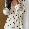 Women's Plus Size Heart Print Pajama Sets Simple Casual Comfort Home Daily Bed Polyester Breathable Lapel Long Sleeve Shirt Pant Button Summer Fall White -Ladies Pajamas Store mhtgbb1689655548835