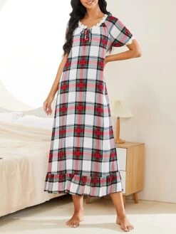Women's Pajamas Nightgown Dress Grid / Plaid Simple Casual Soft Home Daily Bed Polyester Breathable V Wire Short Sleeve Dress Spring Summer White -Ladies Pajamas Store mjcayf1676620495083