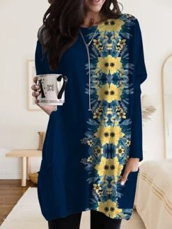 Women's Nightgown Geometic Flower Fashion Comfort Home Daily Polyester Crew Neck Long Sleeve Pocket Fall Winter Yellow Light Grey -Ladies Pajamas Store mjpdbm1693552952920