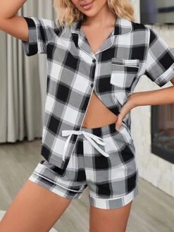 Women's Pajamas Pajama Top And Pant Sets Grid / Plaid Simple Casual Soft Home Daily Bed Cotton Breathable Lapel Short Sleeve Shirt Shorts Elastic Waist Spring Black -Ladies Pajamas Store mjrfvq1680074871707