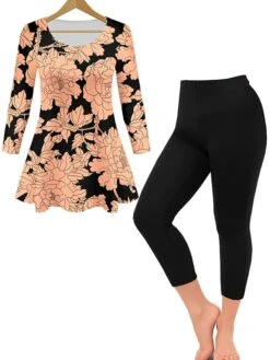 Women's Sets 2 Pieces Flower Casual Comfort Home Daily Polyester Breathable Crew Neck Long Sleeve Pullover Pant Summer Spring Black Dark Blue