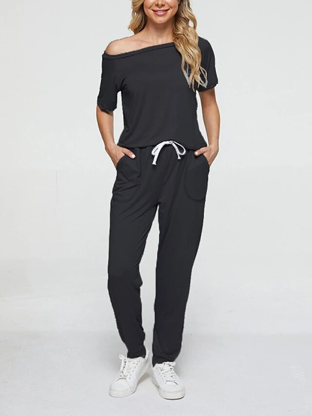 Women's Loungewear Sets Pure Color Fashion Comfort Soft Home Daily Bed Polyester Breathable Crew Neck Short Sleeve Pullover Pant Pocket Fall Winter Black White 4 Women's Loungewear Sets Pure Color Fashion Comfort Soft Home Daily Bed Polyester Breathable Crew Neck Short Sleeve Pullover Pant Pocket Fall Winter Black White - Image 2