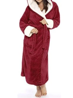 Women's Warm Plush Robes Gown Pure Color Comfort Xmas Home Daily Bed Polyester Breathable Hoodie Long Sleeve Pocket Fall Winter Black Pink