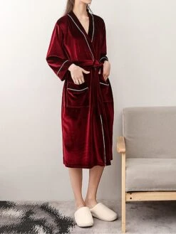 Couple's Velvet Robe Pure Color Simple Casual Comfort Home Bed Wedding Party Breathable V Wire Long Sleeve Fall Winter Gray Male Gray Female