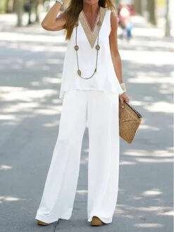 Women's Sets 2 Pieces Pure Color Comfort Home Daily Cotton Blend Comfort V Wire Sleeveless Summer Spring Lake Blue Black