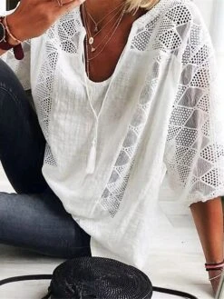 Women's Loungewear Top Pure Color Fashion Casual Comfort Street Date Airport Polyester Breathable V Wire Half Sleeve Button Summer Spring Black White