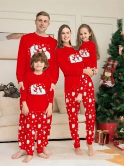Matching Family Christmas Pajamas Sets Bear Snowman Casual Comfort Soft Home Christmas Cotton Breathable Gift Crew Neck Long Sleeve T Shirt Tee Pant Fall Winter Red