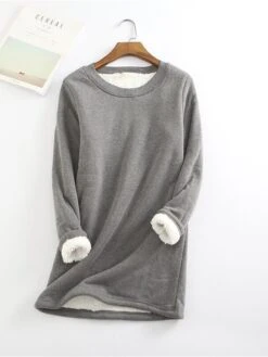 Women's Fleece Lounge Top Pure Color Warm Fashion Casual Home Street Daily Cotton Warm Crew Neck Long Sleeve Pullover Winter Denim Blue Melon Red -Ladies Pajamas Store molway1693986239616