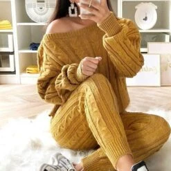 Women's Loungewear Sweatsuit Sets 2 Pieces Pure Color Warm Fashion Sport Home Street Airport Knit Off Shoulder Long Sleeve Sweater Pant Fall Winter Lotus Pink Black -Ladies Pajamas Store momhbo1665646631523