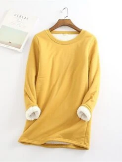 Women's Fleece Lounge Top Pure Color Warm Fashion Casual Home Street Daily Cotton Warm Crew Neck Long Sleeve Pullover Winter Denim Blue Melon Red -Ladies Pajamas Store movtsq1693986233651