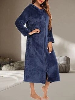 Women's Warm Bathrobe Robes Gown Pure Color Simple Casual Comfort Home Daily Bed Polyester Breathable Hoodie Long Sleeve Pocket Fall Winter Black Wine -Ladies Pajamas Store mqzhal1689581336744