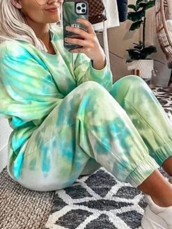Women's Loungewear Sets Tie Dye Fashion Comfort Soft Home Daily Bed Polyester Breathable Crew Neck Long Sleeve Hoodie Pant Elastic Waist Fall Winter Green