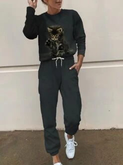 Women's Sweatsuit Tracksuits Sets Cat Dog Fashion Sport Simple Home Daily Polyester Crew Neck Long Sleeve Hoodie Spring Fall Black White -Ladies Pajamas Store mrnwtb1692861953057