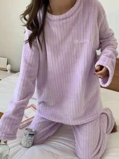 Women's Fleece Pajamas Sets Letter Plush Casual Comfort Home Daily Bed Coral Fleece Coral Velvet Warm Crew Neck Long Sleeve Pullover Pant Elastic Waist Fall Winter Light Pink White -Ladies Pajamas Store mshwvq1696923349017