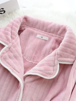 Women's Pajamas Sets Pure Color Warm Casual Soft Home Daily Bed Polyester Breathable Lapel Long Sleeve Shirt Pant Button Pocket Fall Winter Pink -Ladies Pajamas Store msnige1692348352005
