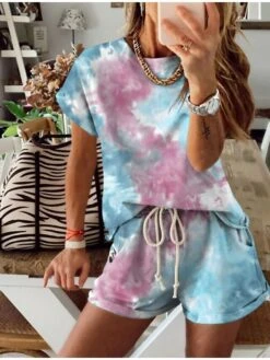 Women's Loungewear Sets Tie Dye Sport Casual Comfort Home Street Daily Cotton Breathable Crew Neck Short Sleeve T Shirt Tee Shorts Pocket Summer Spring White Yellow -Ladies Pajamas Store mtmrbf1688103143067