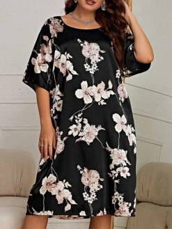 Women's Plus Size Nightgown Dress Flower Casual Comfort Soft Home Daily Bed Polyester Breathable Crew Neck Half Sleeve Dress Summer Spring Black Red -Ladies Pajamas Store mtvfwe1682666841626