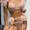Women's Feather Sexy Lingerie Sets 4 Pieces Pure Color Lovers Hot Home Bed Date Lace Breathable Straps Sleeveless Backless Feather Summer Spring Light Pink White Powder