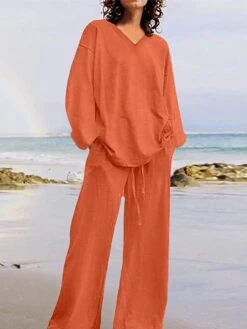 Women's Plus Size Loungewear Sets 2 Pieces Pure Color Fashion Casual Comfort Street Daily Date Cotton Breathable V Wire Long Sleeve Pant Summer Fall Yellow Pink