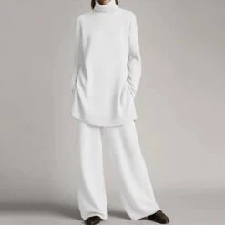 Women's Loungewear Nighty Sets 2 Pieces Pure Color Fashion Comfort Soft Home Going Out Airport Knit Warm Stand Collar Long Sleeve Sweater Pant Pocket Fall Winter Black White