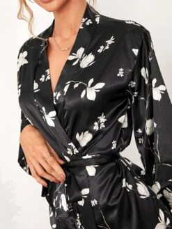 Women's Pajamas Bathrobe Robes Gown Flower Fashion Casual Comfort Home Daily Bed Satin Breathable V Wire Long Sleeve Summer Spring Black -Ladies Pajamas Store munzda1679049378361