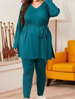 Women's Plus Size Loungewear Sets Pure Color Simple Casual Comfort Home Daily Vacation Polyester Breathable V Wire Long Sleeve T Shirt Tee Pant Fall Spring Green
