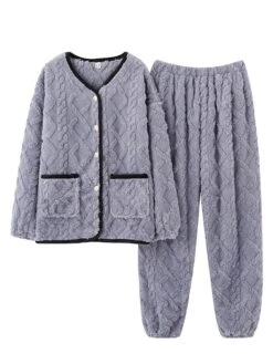 Women's Pajamas Sets Pure Color Warm Comfort Soft Home Daily Bed Flannel Warm Breathable Crew Neck Long Sleeve Cardigan Pant Button Pocket Fall Winter JY5128 JY5136 -Ladies Pajamas Store mxasma1693206678084
