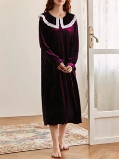 Women's Loungewear Dress Patchwork Warm Simple Casual Street Daily Date Velvet Warm Breathable Crew Neck Long Sleeve Fall Winter Pink Blue -Ladies Pajamas Store mzvvsc1696751805249