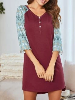 Women's Loungewear Nightgown Nightshirt Dress Patchwork Casual Comfort Sweet Home Christmas Daily Polyester Breathable V Wire Long Sleeve Dress Button Spring Summer Black Wine -Ladies Pajamas Store nbaqww1676281775224
