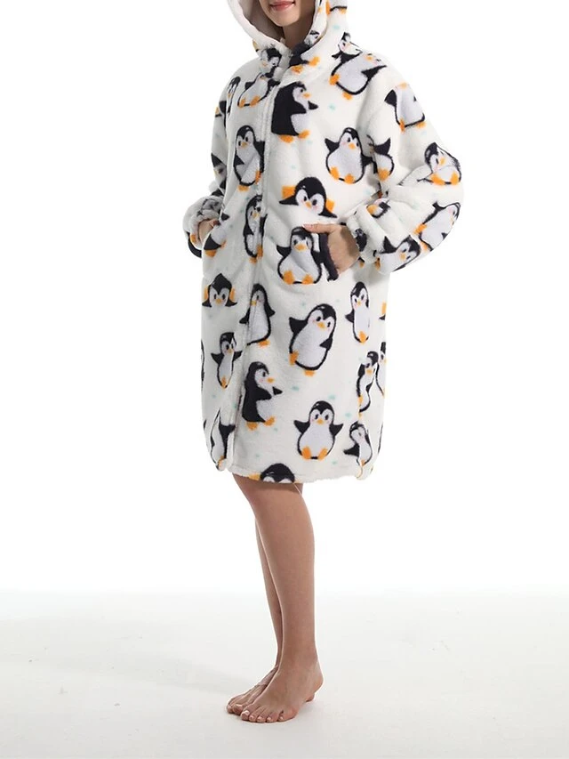Women's Robe Penguin Plush Casual Comfort Home Daily Bed Flannel Warm Breathable Hoodie Long Sleeve Pocket Fall Winter White 9 Women's Robe Penguin Plush Casual Comfort Home Daily Bed Flannel Warm Breathable Hoodie Long Sleeve Pocket Fall Winter White - Image 7