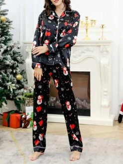Women's Christmas Pajamas Sets Snowman Snowflake Fashion Casual Home Xmas Daily Polyester Breathable Lapel Long Sleeve Shirt Pant Button Summer Spring SnowmanM-70 -Ladies Pajamas Store ndwptu1693467388138