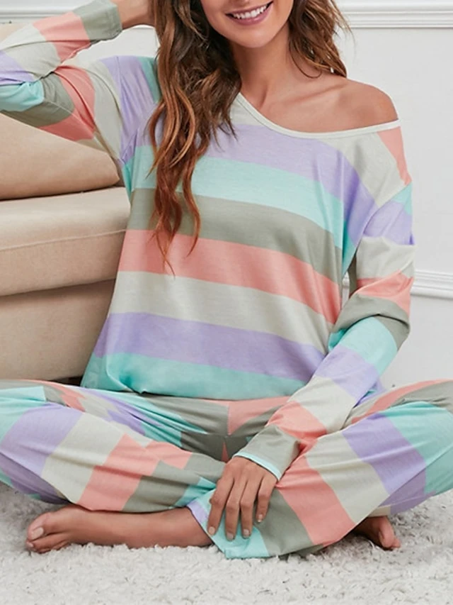 Women's Pajamas Nighty Pjs Sets 2 Pieces Rainbow Stripe Fashion Comfort Soft Home Daily Bed Cotton Breathable V Wire Long Sleeve T Shirt Tee Pant Spring Fall Yellow Blue 3 Women's Pajamas Nighty Pjs Sets 2 Pieces Rainbow Stripe Fashion Comfort Soft Home Daily Bed Cotton Breathable V Wire Long Sleeve T Shirt Tee Pant Spring Fall Yellow Blue