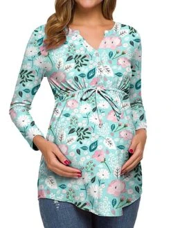 Women's Maternity Tops Pregnancy Shirts Floral Pattern Casual Comfort Pastoral Home Daily Vacation Cotton Breathable V Wire Long Sleeve Fall Winter White Light Green -Ladies Pajamas Store nffxja1695281858189