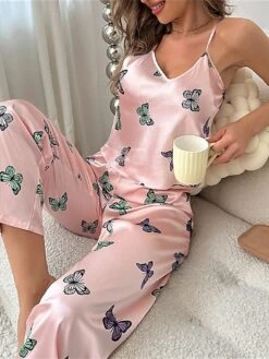 Women's Loungewear Sets 2 Pieces Butterfly Fashion Casual Comfort Street Daily Date Polyester Breathable Straps Sleeveless Pant Fall Winter Pink