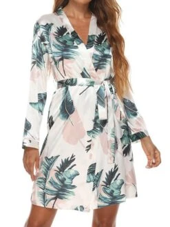 Women's Pajamas Robes Gown Bathrobes Nighty 1 PCS Star Flower Fashion Retro Comfort Home Wedding Party Spa Satin V Wire Long Sleeve Print Belt Included Spring Summer Black Blue -Ladies Pajamas Store njnicw1643189536117