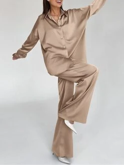 Women's Loungewear Sets Pure Color Fashion Comfort Soft Home Daily Bed Satin Breathable Lapel Long Sleeve Shirt Pant Button Pocket Fall Winter Khaki -Ladies Pajamas Store nketdj1693206721622