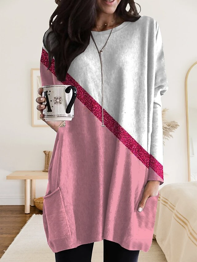 Women's Nightgown Stripe Geometic Fashion Comfort Home Daily Polyester Crew Neck Long Sleeve Pocket Fall Winter Light Pink White Powder 3 Women's Nightgown Stripe Geometic Fashion Comfort Home Daily Polyester Crew Neck Long Sleeve Pocket Fall Winter Light Pink White Powder