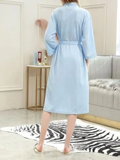 Women's Pajamas Robes Gown Pure Color Simple Soft Wedding Party Polyester Stand Collar Long Sleeve Pocket Fall Winter Light Blue White -Ladies Pajamas Store nmeeym1692182991873