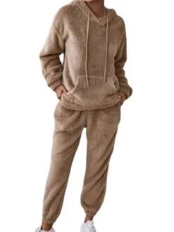 Women‘s Plush Lounge Sets Sleep Shirt Pure Color Simple Comfort Soft Home Daily Vacation Polyester Warm Hoodie Long Sleeve Pocket Winter Fall Brown / Plush -Ladies Pajamas Store nmxtjg1666950962692