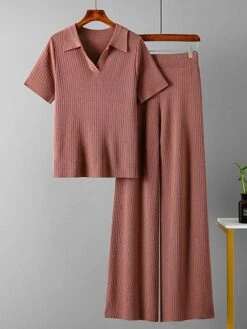 Women's Loungewear Sets 2 Pieces Pure Color Fashion Casual Comfort Street Daily Date Polyester Breathable Lapel Short Sleeve Pant Summer Fall Black Brown -Ladies Pajamas Store nnskcq1691046348142