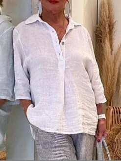 Women's Loungewear Top Pure Color Casual Comfort Soft Home Street Daily Cotton And Linen Breathable Lapel Long Sleeve Shirt Summer Spring White