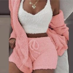Women's Hooded Pajama Sets 3 Pieces Fluffy Fleece Long Sleeves Coat Shorts Vest For Winter Gift For Valentine's Day