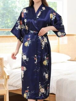 Women's Pajamas Robes Gown Bathrobes Nighty 1 PCS Flower Simple Comfort Kimono Robes Home Wedding Party Spa Satin Gift Long Sleeve Print Belt Included Spring Summer Blue Pink -Ladies Pajamas Store npjipt1644490234777