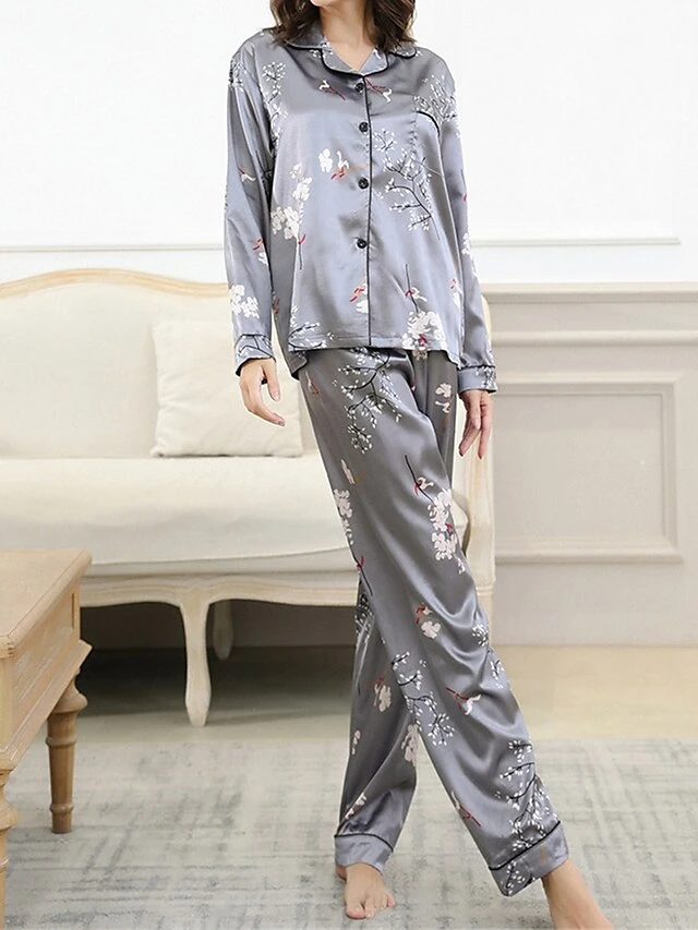 Women's Pajamas Sets Flower Fashion Comfort Soft Home Daily Bed Satin Breathable Lapel Long Sleeve Shirt Pant Button Pocket Fall Winter Black Gray 6 Women's Pajamas Sets Flower Fashion Comfort Soft Home Daily Bed Satin Breathable Lapel Long Sleeve Shirt Pant Button Pocket Fall Winter Black Gray - Image 4