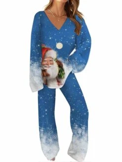 Women's Christmas Pajamas Sets Santa Claus Snowflake Warm Comfort Soft Home Christmas Daily Polyester Gift V Wire Long Sleeve Pant Fall Winter Blue Dark Blue -Ladies Pajamas Store nrdgop1697701131248