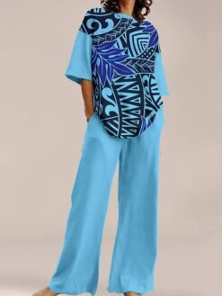 Women's Loungewear Sets 2 Pieces Plant Print Crew Neck Short Sleeve Top And Wide Leg Pants With Pockets Comfort Home Daily Polyester Summer Spring Blue